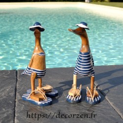 Couple de canards en bois de teck et bambou