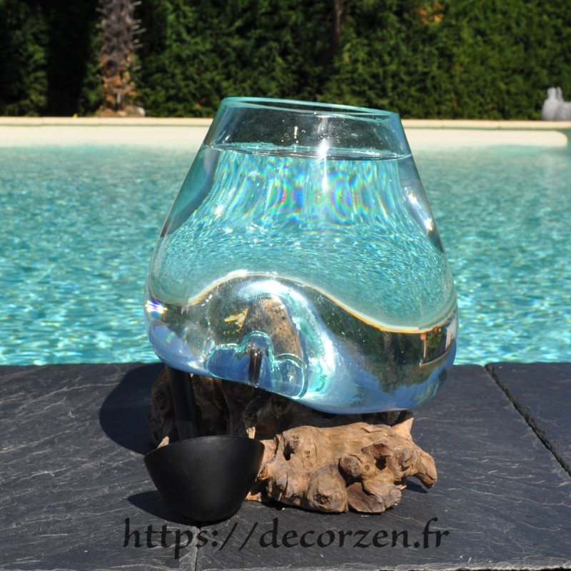 Vase, bol à punch ou aquarium en verre fondu soufflé en fusion sur du bois flotté, le vase est amovible