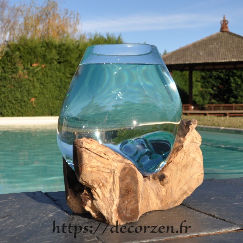 Aquarium ou  vase en verre recyclé soufflé à la bouche en fusion sur du bois flotté, le vase est amovible pour le lavage.