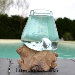Verre à duo ou  vase en verre recyclé soufflé à la bouche en fusion sur du bois flotté, le vase est amovible pour le lavage