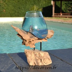Bol à duo ou gros vase en verre soufflé et coulé en fusion sur le bois, le verre est amovible pour le lavage