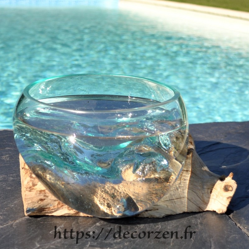 Terrarium, saladier ou ramequin en verre recyclé soufflé moulé en fusion sur du bois flotté.