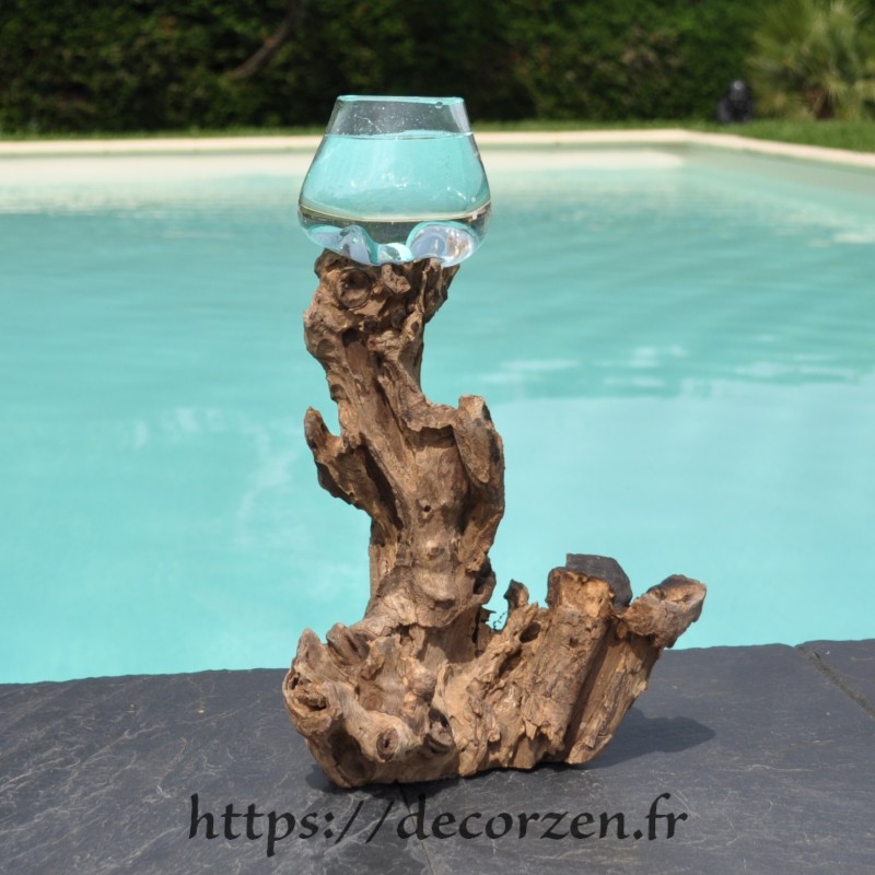 Verre à duo ou  petit vase en verre recyclé soufflé à la bouche en fusion sur du bois flotté, le vase est amovible pour le laver