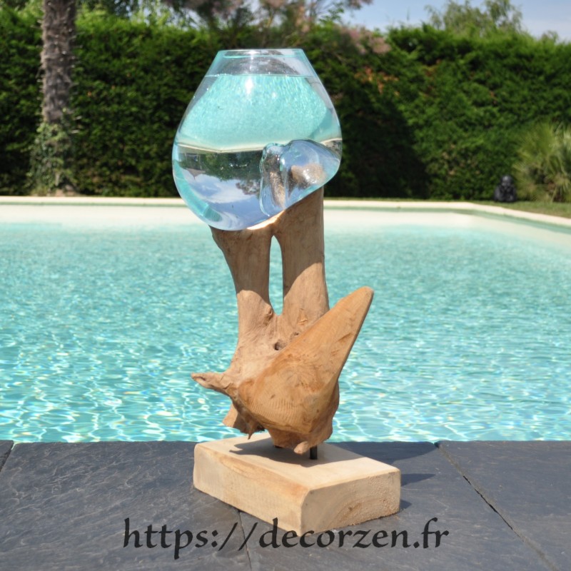 Aquarium ou gros vase en verre soufflé et moulé en fusion sur le bois, le verre est amovible