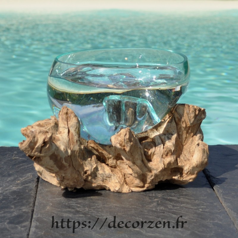 Terrarium, saladier ou ramequin en verre recyclé soufflé moulé en fusion sur du bois flotté.