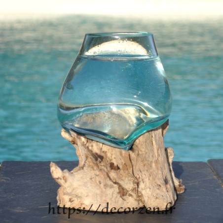 Verre à duo ou  vase en verre recyclé soufflé à la bouche en fusion sur du bois flotté, le vase est amovible pour le lavage