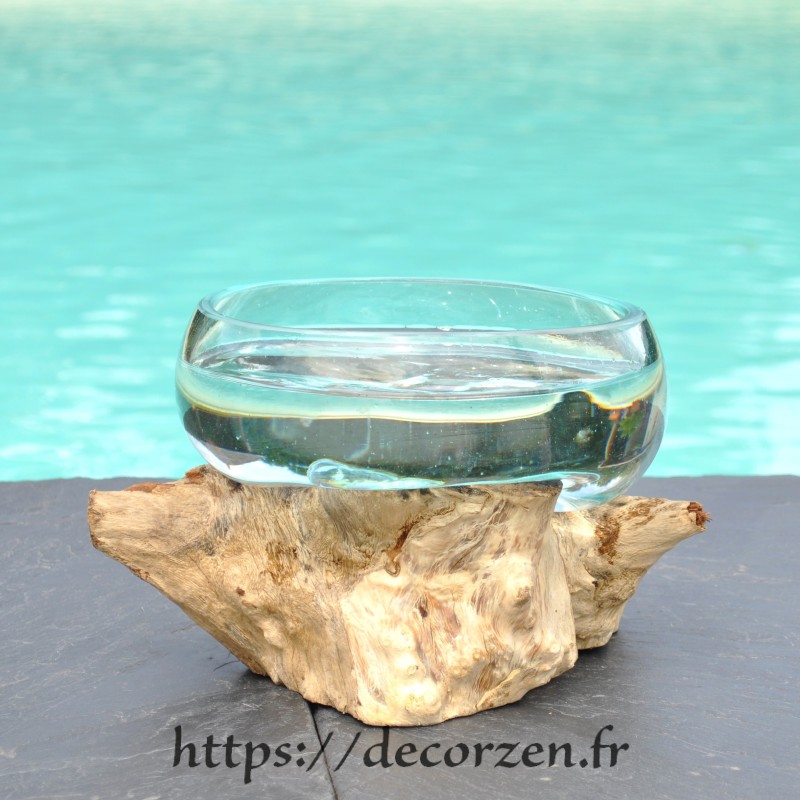 Un terrarium, saladier ou ramequin en verre recyclé soufflé coulé en fusion sur du bois flotté.