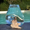 Aquarium ou  vase en verre recyclé soufflé à la bouche en fusion sur du bois flotté, le vase est amovible pour le lavage.