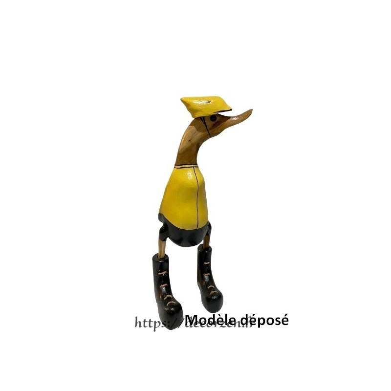 Canard en bois sen cycliste en maillot jaune.