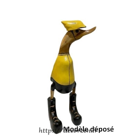 Canard en bois sen cycliste en maillot jaune.