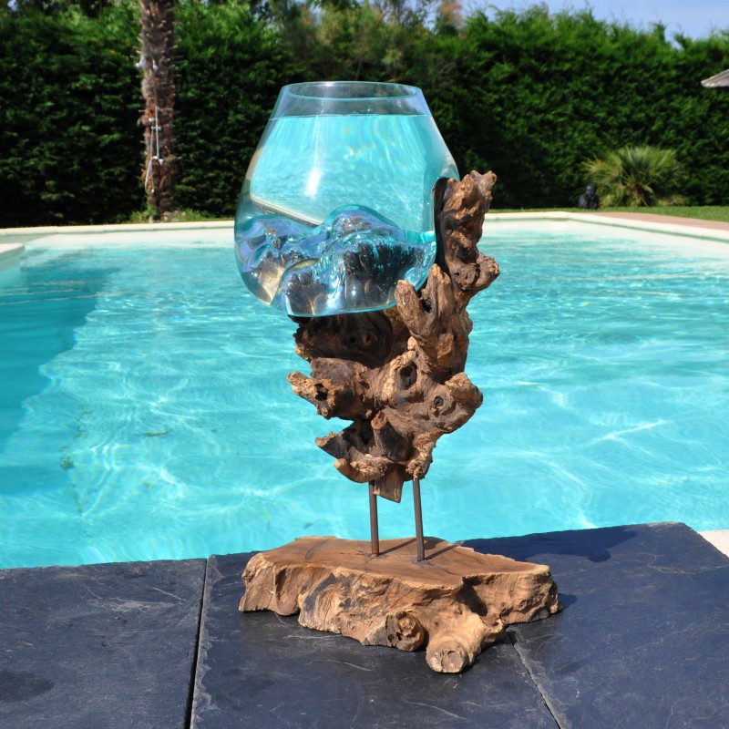 Verre recyclé soufflé en fusion sur du bois flotté, le verre est amovible pour le lavage.