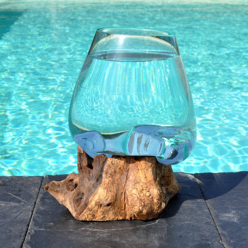 Bol à punch en verre recyclé soufflé à la bouche en fusion sur du bois flotté, le vase est amovible pour le laver.