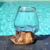 Bol à punch en verre recyclé soufflé à la bouche en fusion sur du bois flotté, le vase est amovible pour le laver.