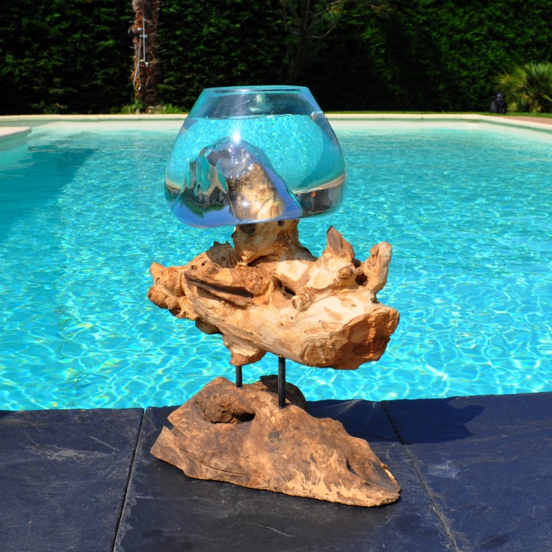 Bol à duo ou gros vase en verre soufflé et coulé en fusion sur le bois, le verre est amovible pour le lavage