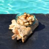 Terrarium, saladier ou ramequin en verre recyclé soufflé coulé en fusion sur du bois flotté.