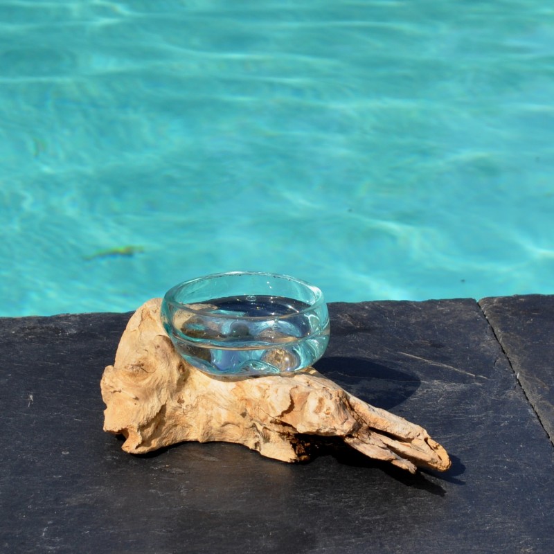 Un terrarium ou ramequin en verre recyclé soufflé coulé en fusion sur du bois flotté.