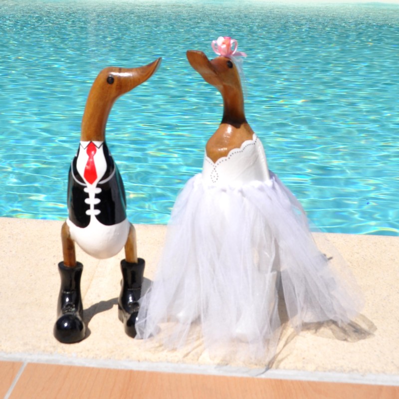 Couple de canards mariés en bois de teck et bambou