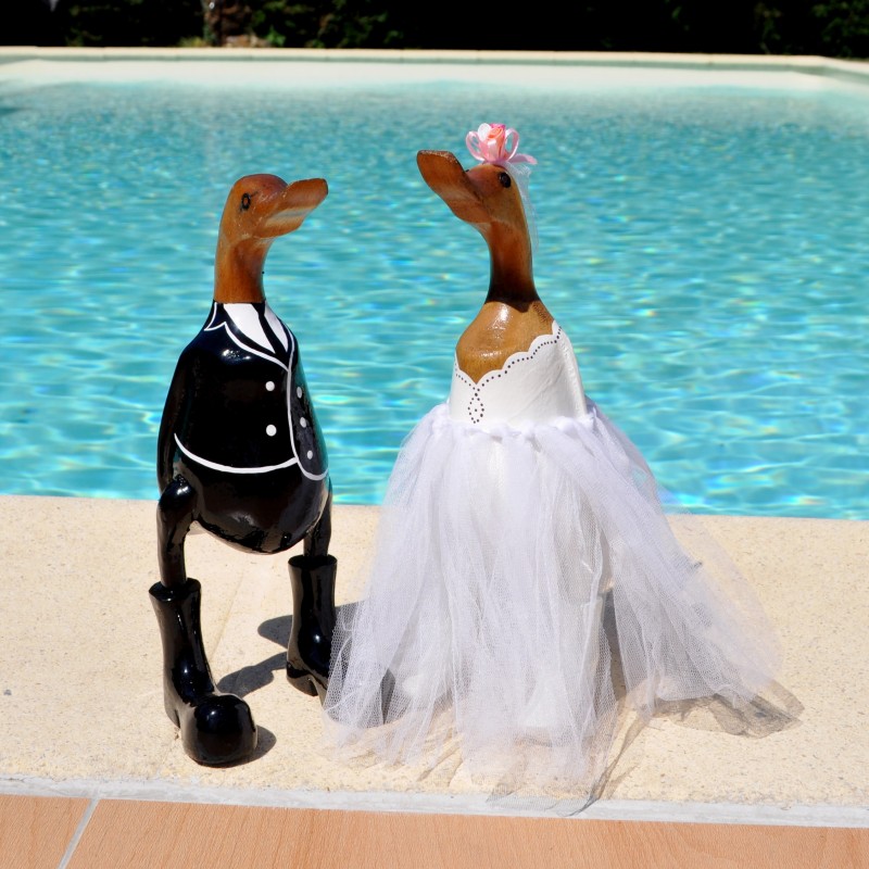 Couple de canards mariés en bois de teck et bambou