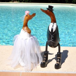 Couple de canards mariés en bois de teck et bambou