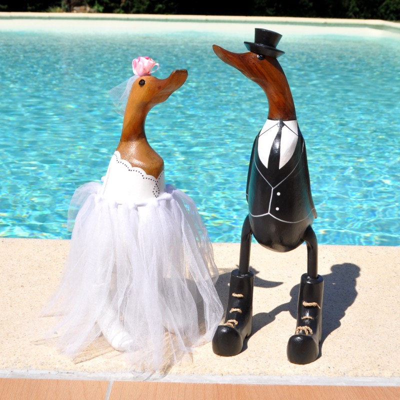 Couple de canards mariés en bois de teck et bambou