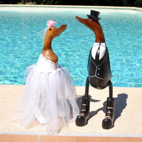 Couple de canards mariés en bois de teck et bambou