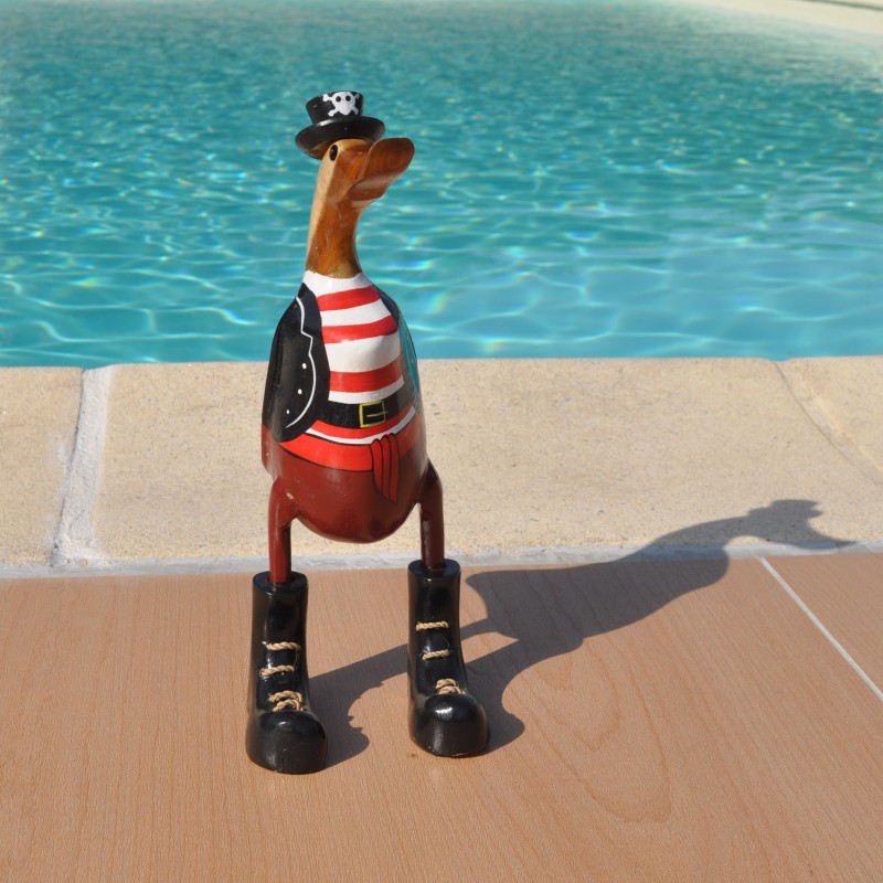 Canard humoristique en flibustier en bois de teck et bambou