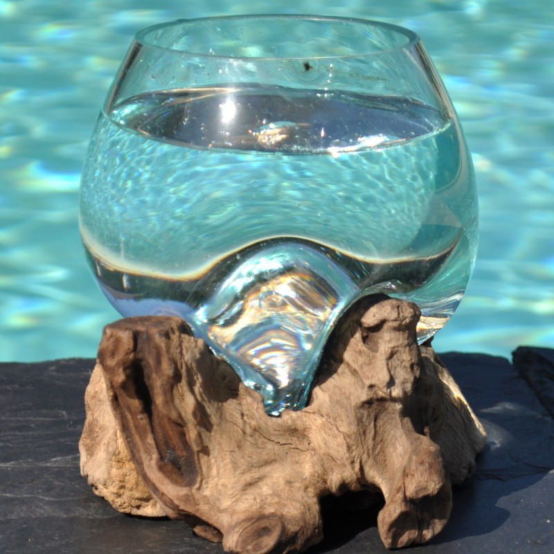 Aquarium en verre soufflé sur du bois
