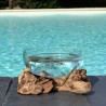 Terrarium, saladier ou ramequin en verre recyclé soufflé moulé en fusion sur du bois flotté.