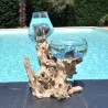 1 vase et un terrarium en verre recyclé soufflé en fusion directement sur du bois flotté, les verres sont amovibles