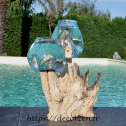 2 aquariums en verre recyclé soufflé en fusion directement sur du bois flotté, les vases sont amovibles pour les laver