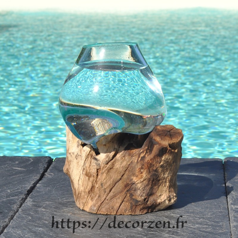 Verre à duo ou petit vase en verre recyclé soufflé à la bouche en fusion sur du bois flotté, le vase est amovible pour le laver