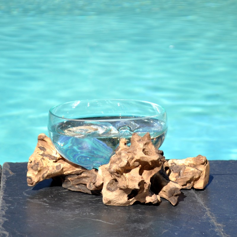 Un terrarium, saladier ou ramequin en verre recyclé soufflé coulé en fusion sur du bois flotté.