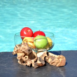 Un terrarium, saladier ou ramequin en verre recyclé soufflé et moulé en fusion sur du bois flotté.