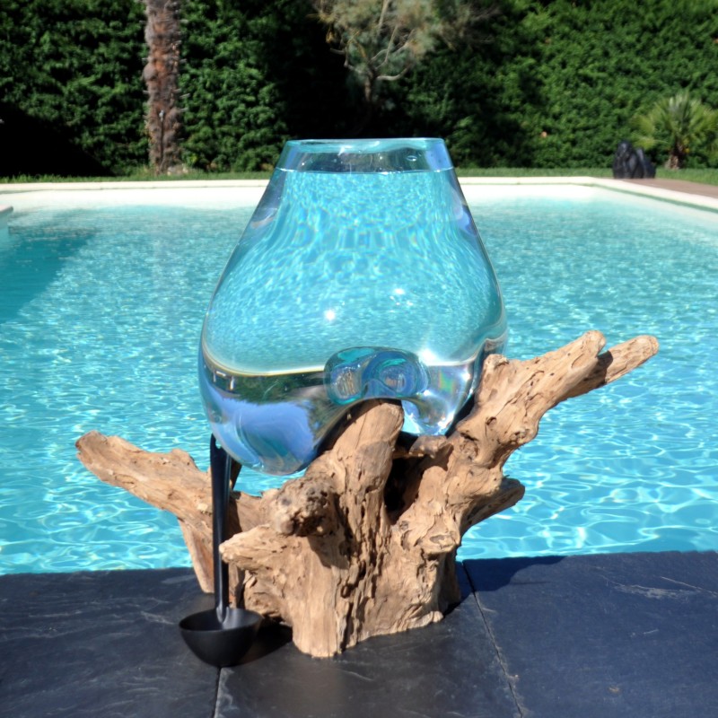 Vase, bol à punch ou aquarium en verre fondu soufflé en fusion sur du bois flotté, le vase est amovible