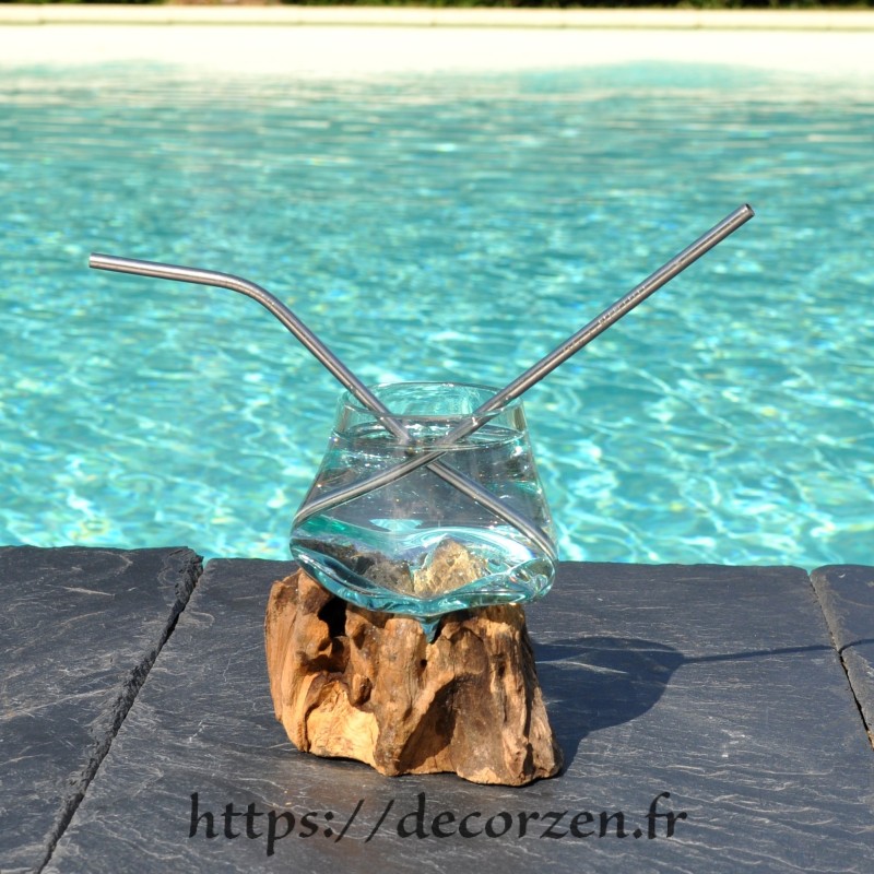 Verre à duo en verre recyclé soufflé à la bouche en fusion sur du bois flotté, le vase est amovible pour le lavage