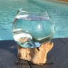 Bol à cocktail en verre recyclé soufflé en fusion sur du bois flotté, le vase est amovible