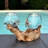 Deux aquariums en verre recyclé soufflé directement sur du bois flotté, les verres sont amovibles