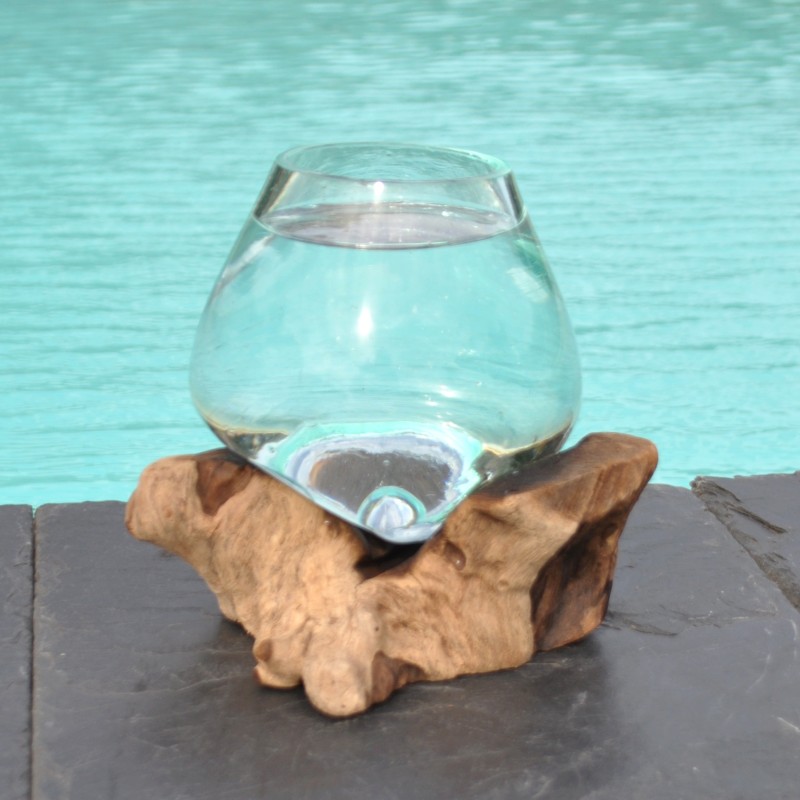 Verre recyclé soufflé à la bouche en fusion sur du bois flotté, le vase est amovible pour le lavage