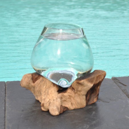 Verre recyclé soufflé à la bouche en fusion sur du bois flotté, le vase est amovible pour le lavage