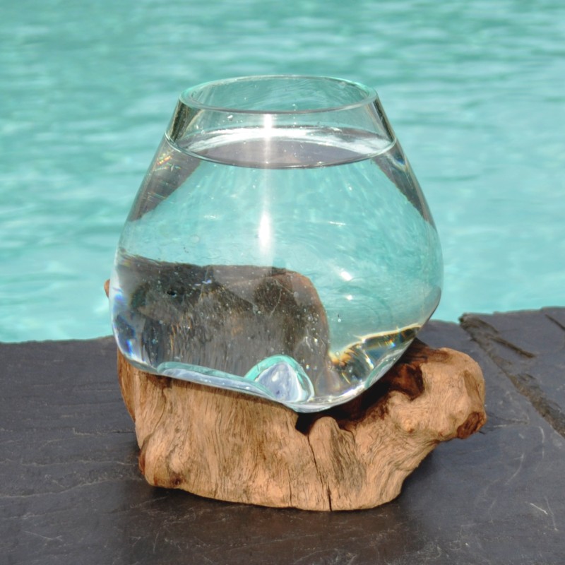 Vase en verre recyclé soufflé à la bouche en fusion sur du bois flotté, le vase est amovible pour le lavage
