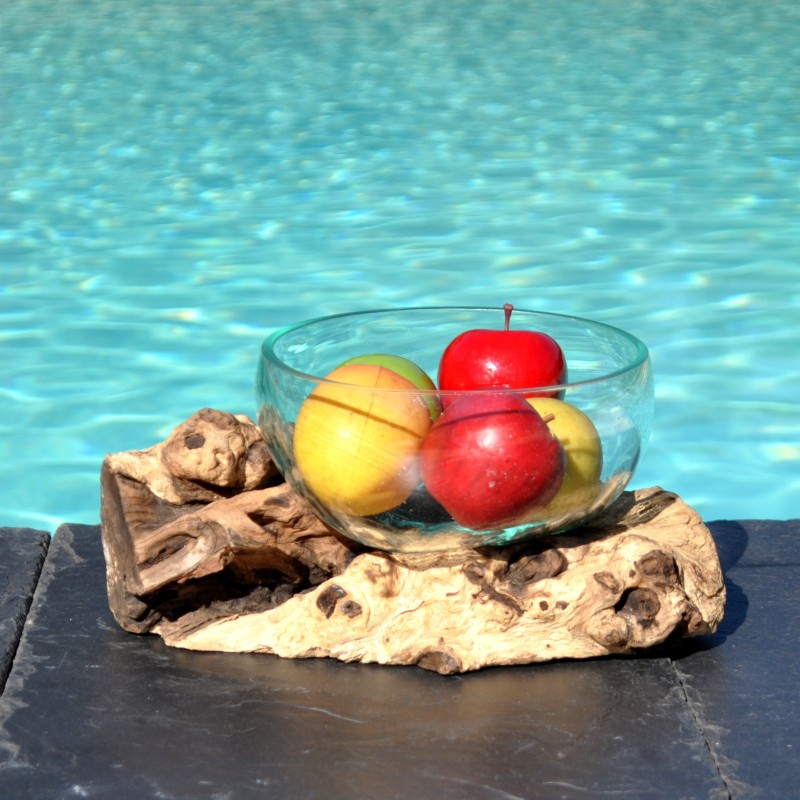 Un terrarium, saladier ou ramequin en verre recyclé soufflé et moulé en fusion sur du bois flotté.