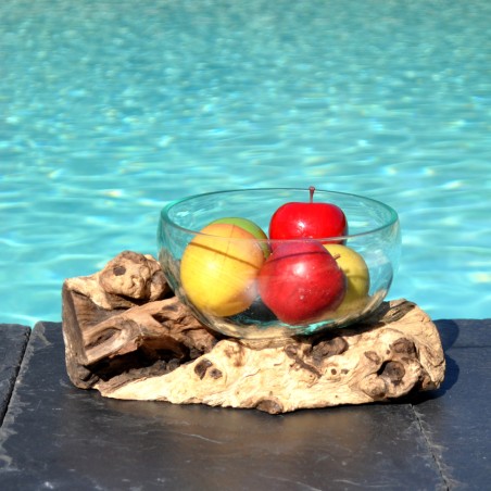 Un terrarium, saladier ou ramequin en verre recyclé soufflé et moulé en fusion sur du bois flotté.