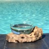 Un terrarium, saladier ou gros ramequin en verre recyclé soufflé et moulé en fusion sur du bois flotté.