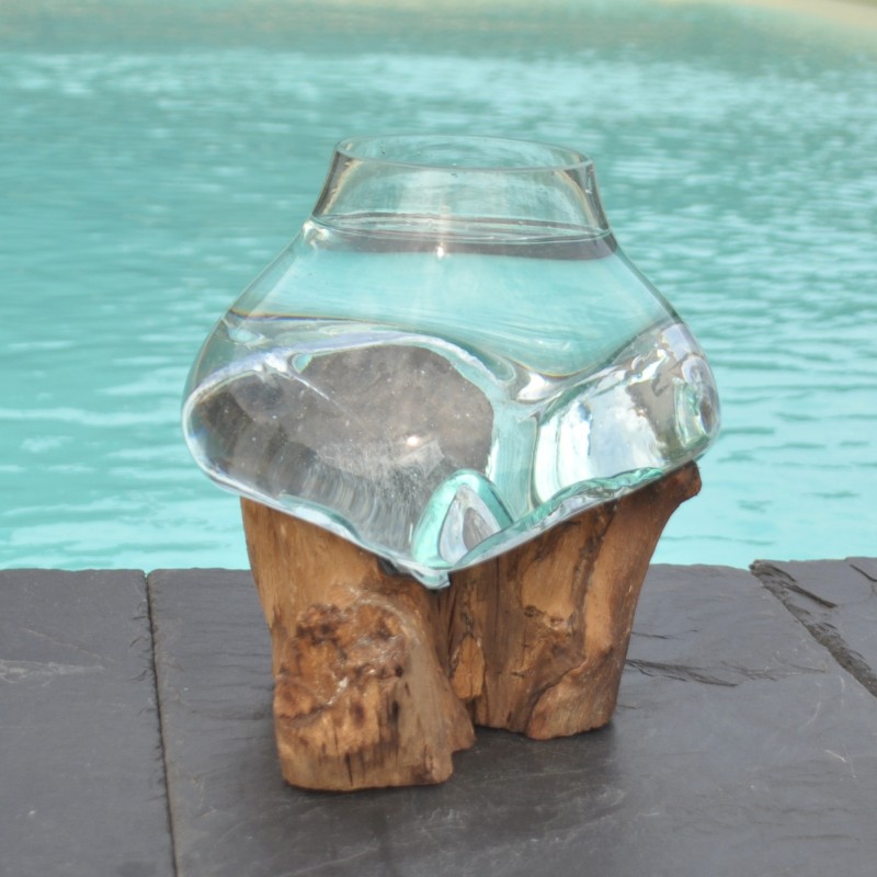 Un petit aquarium en verre recyclé soufflé sur du bois flotté.