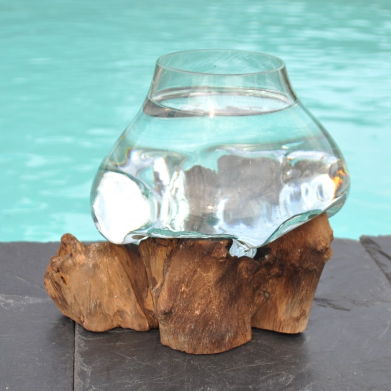 Un petit aquarium ou vase en verre recyclé soufflé sur du bois flotté.