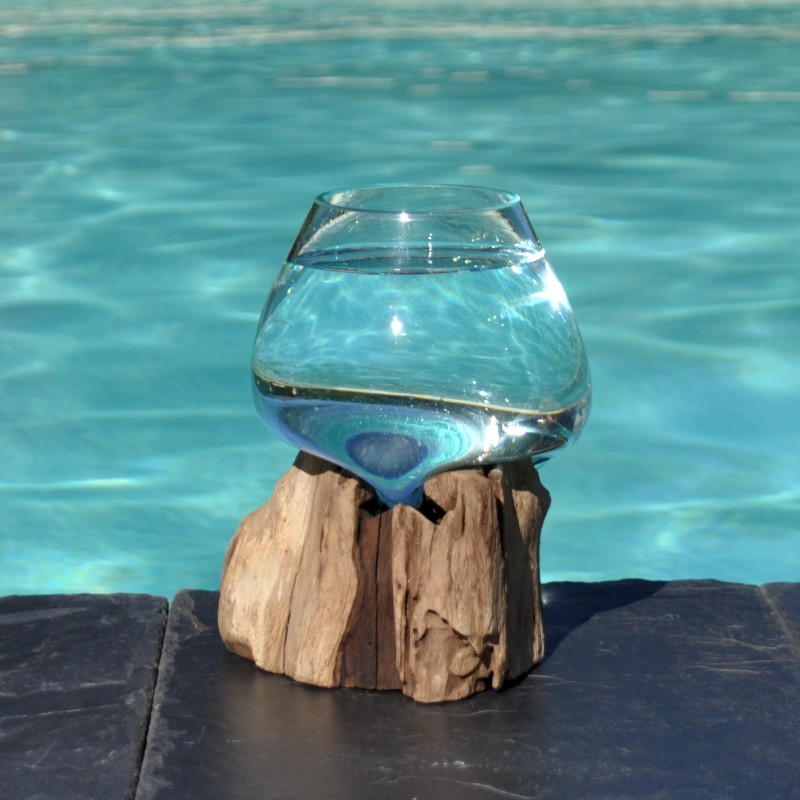 Verre recyclé soufflé à la bouche sur du bois flotté, le vase est amovible pour le lavage