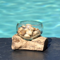 Terrarium, saladier ou ramequin en verre recyclé soufflé coulé en fusion sur du bois flotté.
