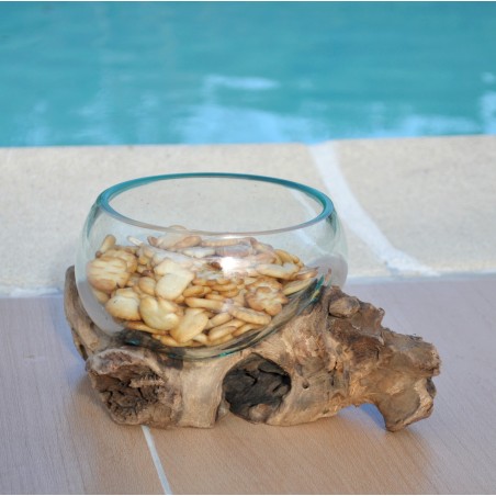 Terrarium, saladier ou ramequin en verre recyclé soufflé coulé en fusion sur du bois flotté.