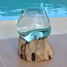 Vase en verre recyclé soufflé à la bouche en fusion sur du bois flotté, le vase est amovible pour le lavage