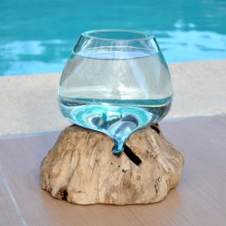 Verre recyclé soufflé à la bouche en fusion sur du bois flotté, le vase est amovible pour le lavage